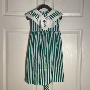 Vintage Mondays Child Dress Girls 4T Green White Striped Sleeveless 80s Collar